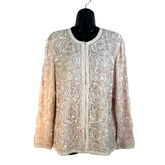 Laurence Kazar Jackets & Blazers - vtg‎ Lawrence Kazar Sequin/Pearl Silk Pink Nude  Womens M Cardigan
